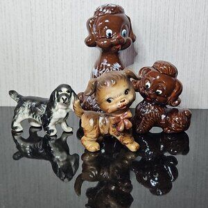 40s 50s Dog Figurine Lot of 4 Anthropomorphic Poodle Brown Black Ceramic Japan